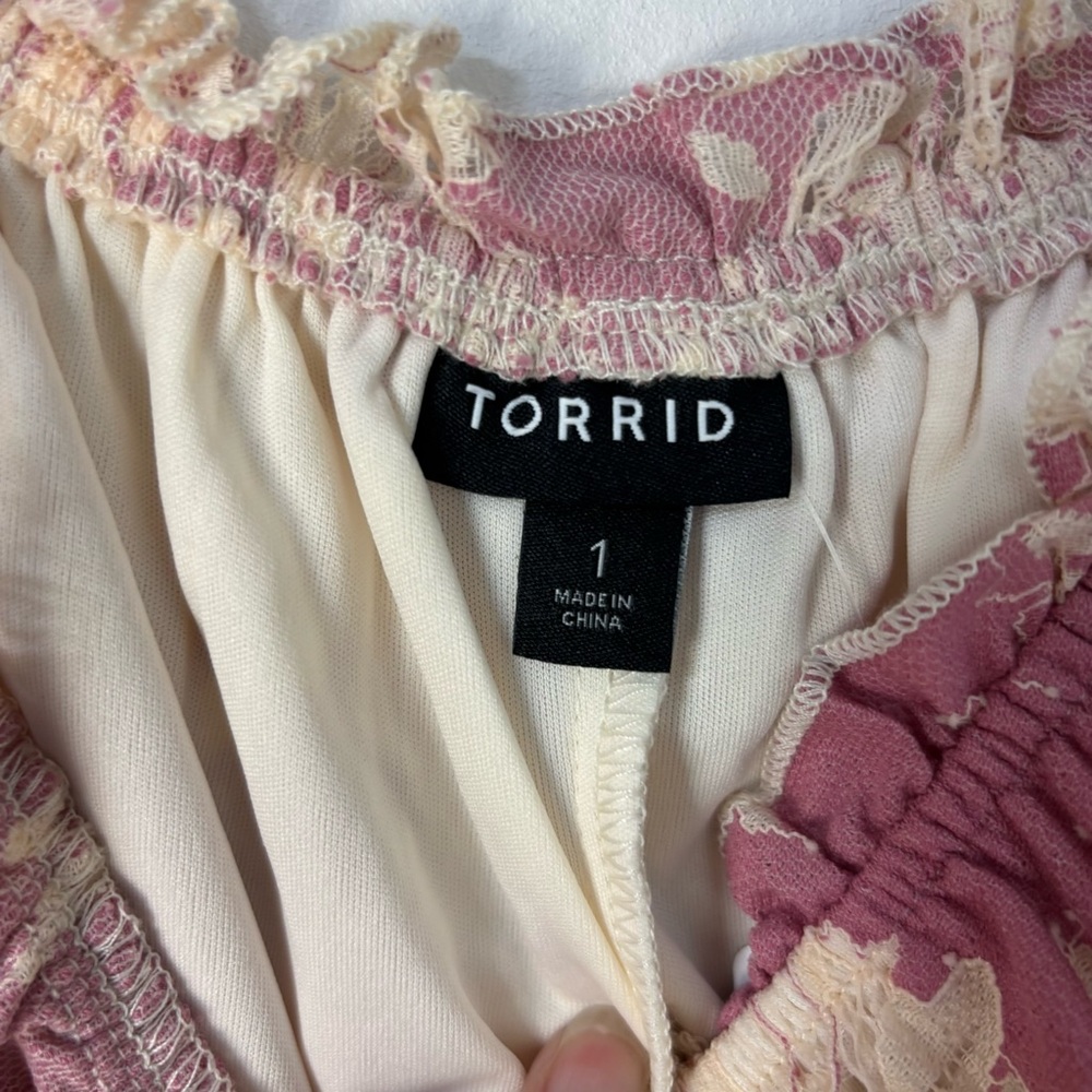 Torrid 1 Pink Cream Abstract Lace Mini Dress Babydoll Tiered Cottagecore Casual - Picture 3 of 14